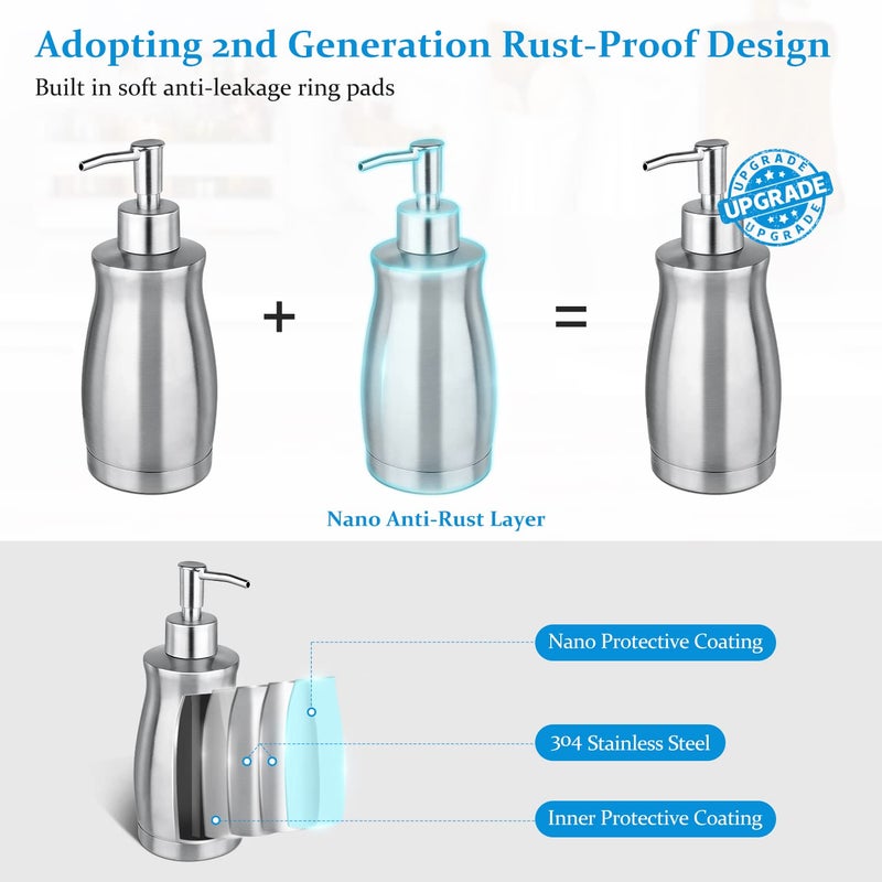 GLUBEE Soap Dispenser Stainless Steel - Brushed Nickel Pump Dispenser Bottle Refillable Liquid Hand Dish Soap Dispenser for Bathroom, Kitchen, Countertop, Silver (13.5 Oz / 400ML) - Image 3